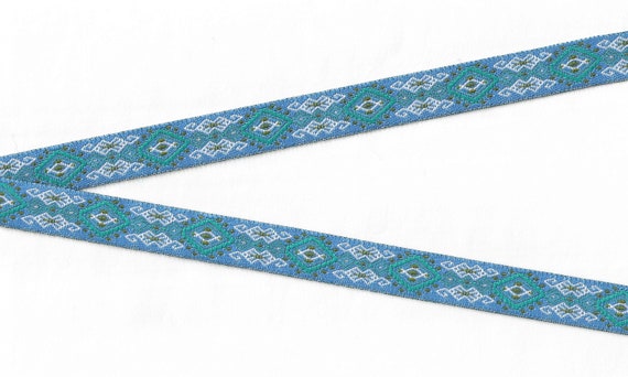 NATIVE AMERICAN C-20-A Jacquard Ribbon Poly Trim, 5/8" Wide (16mm) Shades of Blue, Turquoise & White Tribal Aztec Design, Per Yard