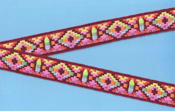 NATIVE AMERICAN G-03-E Jacquard Ribbon Cotton Trim, 1-1/8" Wide (28mm) Burg, Yellow, Pink, Orange, Mint, Lilac & Blue Design, Per Yard