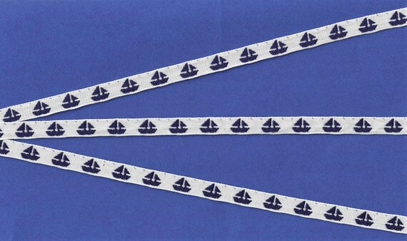 CHILDREN's NAUTICAL A-01-A Jacquard Ribbon Trim, 3/8" Wide (9mm) Vintage, Made in Italy, White Background w/Navy Blue Sailboat