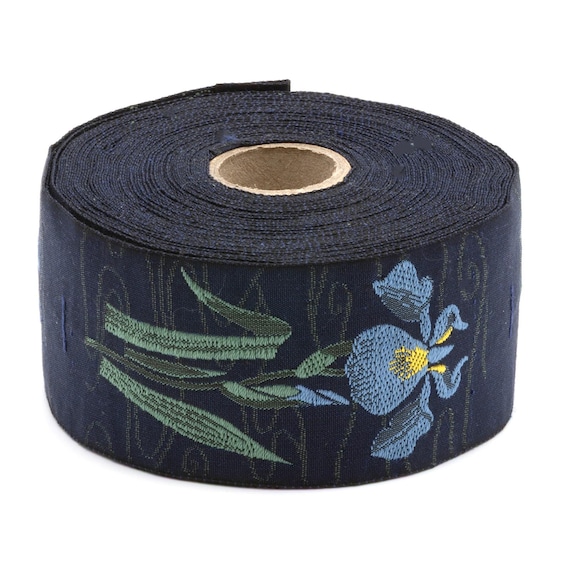 KAFKA H-10/08 Jacquard Ribbon Organic Cotton Trim 1-5/8" wide (40mm) Navy w/Blue Irises