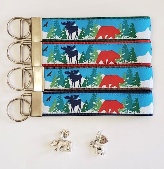 WILDLIFE Jacquard Ribbon/Nylon 1" wide (25mm) Key Fobs, Red Bear/Blue Moose w/Charms, Keychain, Wristlet, Luggage Tags 5.5" long