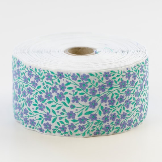 KAFKA K-02/32 Jacquard Ribbon Woven Organic Cotton Trim 2" wide (50mm) White w/Lilac & Green Forget-Me-Nots, Green Leaves