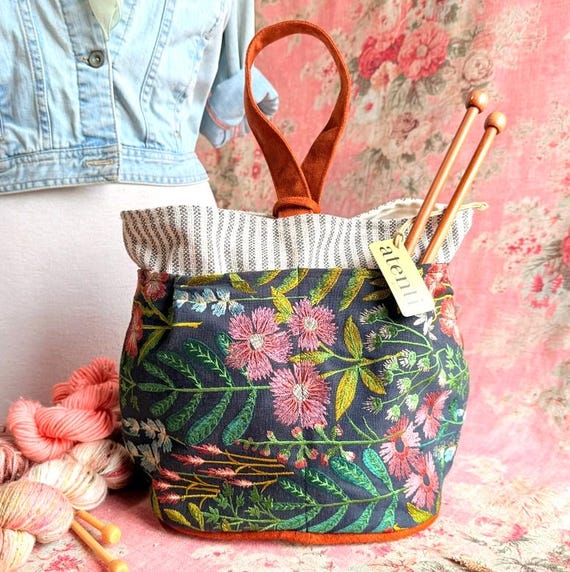 ATENTI Handmade Bags "MEADOW" Embroidered Floral Design, 8-Pocket Tall Organizer, Needle Arts/Knitting Bag, Project Bag, Carry-On, USA Made