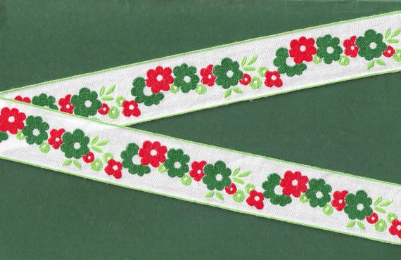 HOLIDAY G-13-A Jacquard Ribbon Cotton Trim 1-1/4" wide (32mm) VINTAGE White Background w/Red & Green RETRO Flowers, Green Leaves
