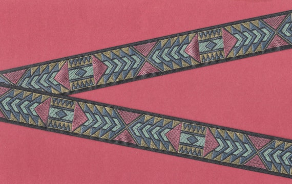 NATIVE AMERICAN F-08 Jacquard Ribbon Poly Trim 1" Wide (25mm) Teal Background w/Blue, Olive, Navy, Aqua & Rust Tribal Design, Per Yard