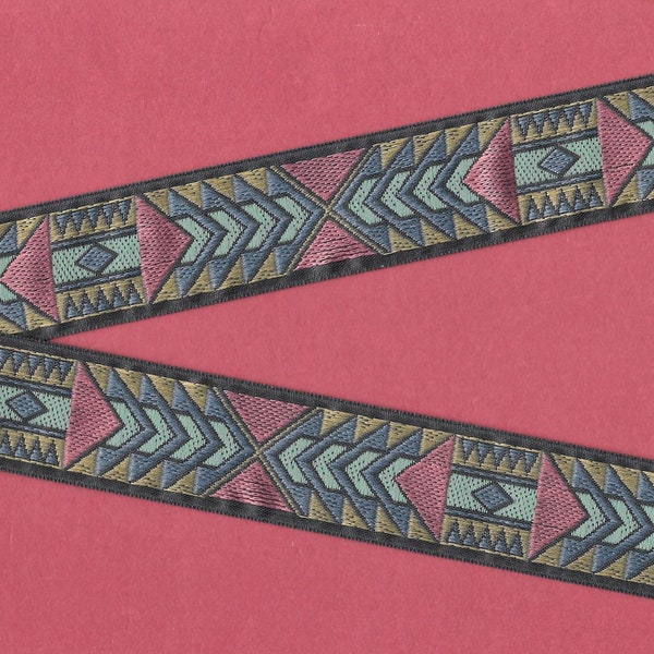 NATIVE AMERICAN F-08 Jacquard Ribbon Poly Trim 1" Wide (25mm) Teal Background w/Blue, Olive, Navy, Aqua & Rust Tribal Design, Per Yard