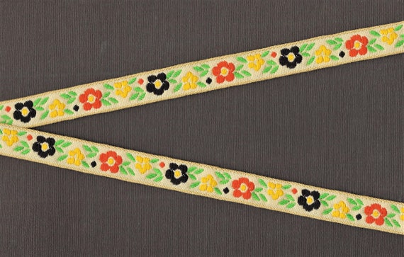 FLORAL C-40-A Jacquard Ribbon Trim, Floral, Cotton, 5/8" Wide, Tan Background, Yellow, Orange & Brown Flowers, Green Leaves, Priced Per Yard