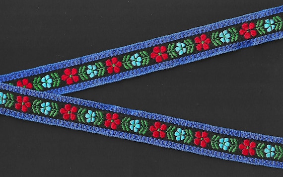 FLORAL F-19-F Jacquard Ribbon Cotton Trim 15/16" wide (24mm) VINTAGE Black Background w/Blue Borders, Red & Turquoise Flowers, Green Leaves