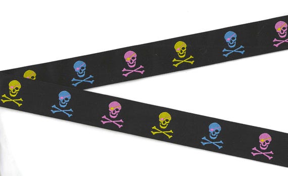 NOVELTY/Skulls F-01-B Jacquard Ribbon Poly Trim 1" wide (25mm) Black w/Neon Skull & Crossbones