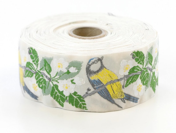 KAFKA H-12/06 Jacquard Ribbon Woven Organic Cotton Trim 1-1/2" wide (40mm) Ivory w/Blue & Yellow Titmouse Birds, White Cherry Blossoms