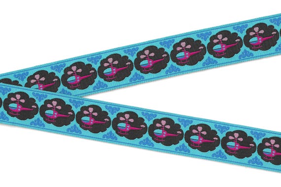 CHILDREN's G-07-B Jacquard Ribbon Poly Trim 1-1/4" wide (32mm) turquoise w/Pink Helicopters