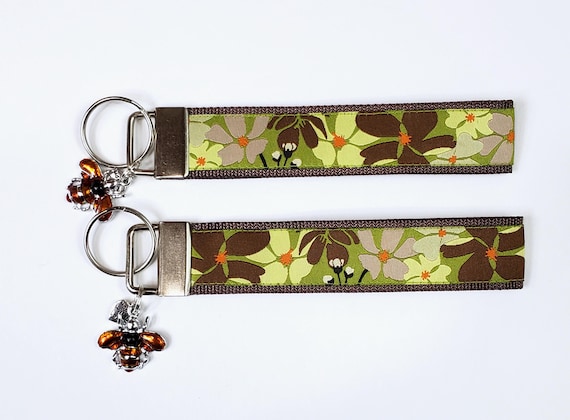 FLORAL Jacquard Ribbon/Nylon Web 1" wide (25mm) Key Fobs, Brown Hibiscus w/Charms, Keychain, Key Wristlet, Luggage Tags, 5.5" long