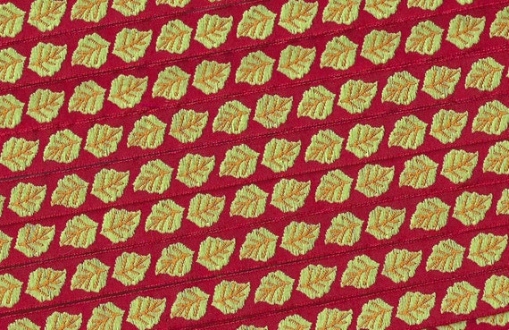 KAFKA A-01/08 Jacquard Ribbon Woven Organic Cotton Trim 7/16" wide (10mm) Red Background w/Lime Green Leaves & Orange Accents