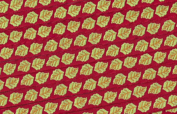 KAFKA A-01/08 Jacquard Ribbon Woven Organic Cotton Trim 7/16" wide (10mm) Red Background w/Lime Green Leaves, Orange Accents