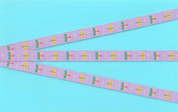 INSECTS B-01-A Jacquard Ribbon Poly Trim, 1/2" Wide (13mm) Lilac w/Yellow, Pink, Turq & Green Dragonflies/Butterflies