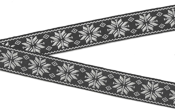 SNOWFLAKES G-06-A Jacquard Ribbon Polyester Trim 1-1/8" wide (28mm) Black Background w/Lt Gray Snowflakes, Borders & Accents