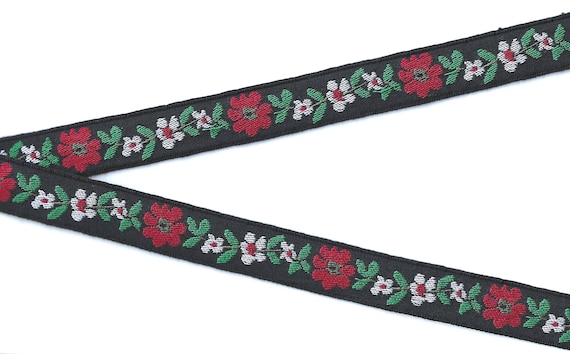 FLORAL E-67-A Jacquard Ribbon Poly Trim 7/8" wide (22mm) Black Background w/Red & White Flowers, Green Leaves, Holiday Colors