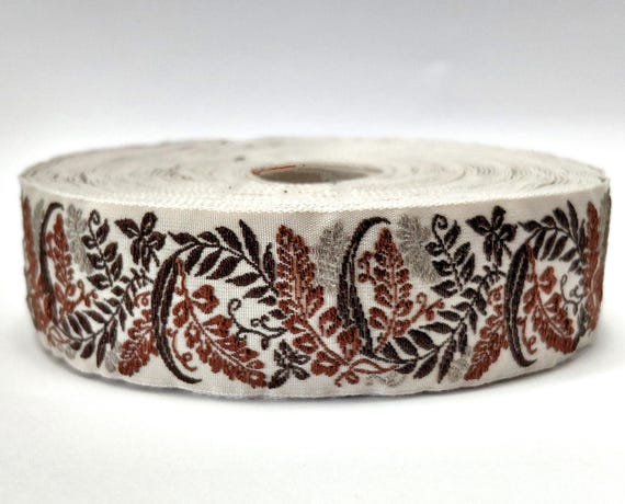 KAFKA F-21/03 Jacquard Ribbon Organic Cotton Trim 1" wide (25mm) Beige w/Brown & Gray Wildflowers