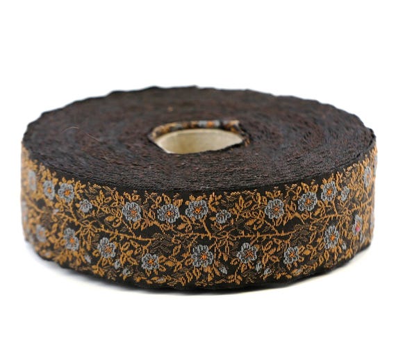 KAFKA F-02/29 Jacquard Ribbon Woven Organic Cotton Trim 1" wide (25mm) Dark Brown Background w/Gray & Orange Wild Roses, 2-Tone Brown Leaves
