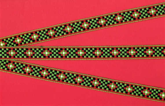 GEOMETRIC C-30-C Jacquard Ribbon Cotton Trim, 5/8" Wide (16mm) Green Borders w/Red Green & Black Checkerboard Design White Accents