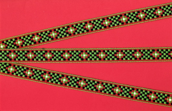 GEOMETRIC C-30-C Jacquard Ribbon Cotton Trim, 5/8" Wide (16mm) Green Borders w/Red Green & Black Checkerboard Design White Accents, Per Yard