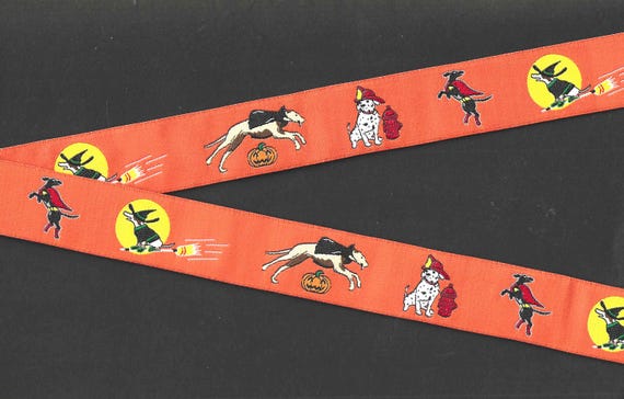 HALLOWEEN F-02-A Jacquard Ribbon Poly Trim 15/16" wide (24mm) Orange w/Dogs in Costumes