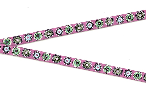 B-DP-02i FLORAL Jacquard Ribbon Poly Trim, 1/2" Wide (13mm) Douglas Paquette "Pink Delight" with Blue, Aqua, Green Flowers, Priced Per Yard