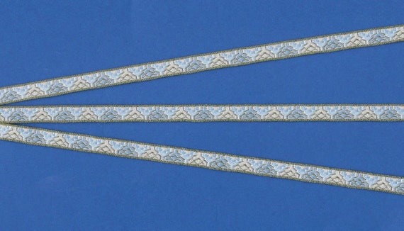 GEOMETRIC A-01-A Jacquard Ribbon Poly Trim, 1/4" Wide (6mm) Pale Blue Background  w/White, Blue & Olive Green Design, Priced Per Yard