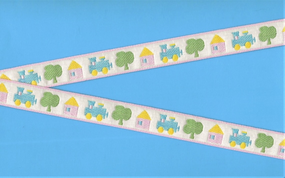 CHILDREN's D-02-A Jacquard Ribbon Poly Trim 3/4" wide (20mm) White Background w/Trains, Houses & Trees in Pastel Colors