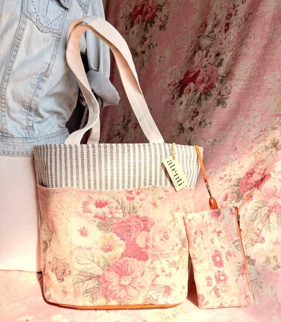 ATENTI Handmade Bags "ROSEWOOD" Floral Pattern in Warm Shades of Pink, Project Organizer, USA Made