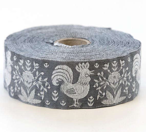 KAFKA G-25/05 Jacquard Ribbon Woven Organic Cotton Trim 1-5/8" wide (40mm) Gray with White Roosters, Floral Bunch