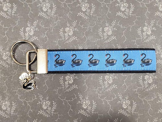 Jacquard Ribbon/Nylon Web 1" wide (25mm) Key Fobs, Blue w/Black Swans & Charms, Keychain, Wristlet, Zipper Pulls, Luggage Tags 5.5" long