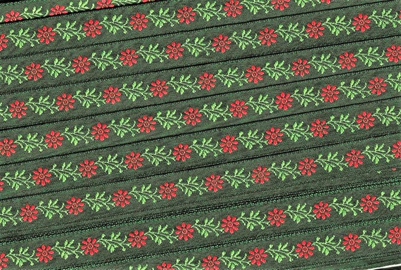 KAFKA A-02/39 Jacquard Ribbon Woven Organic Cotton Trim 7/16" wide (10mm) Holiday Floral, Dark Green Red Flowers, Lt Green Leaves