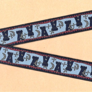 Kinder Märchen G-05-C Jacquard Band Poly Trim, 1-1 / 4 "breit (32 mm) Himmelblau mit Marineschlössern, metallische Goldakzente