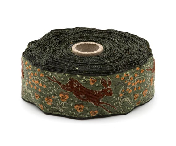 KAFKA H-27/12 Jacquard Ribbon Organic Cotton Trim 1+1/2" wide (38mm) Green w/Brown Jackrabbits