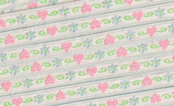 HEARTS/FLOWERS B-09-A Jacquard Ribbon Cotton Trim 1/2" wide (13mm) White Background w/Pinky-Peach Hearts, blue Flowers, Green Leaves