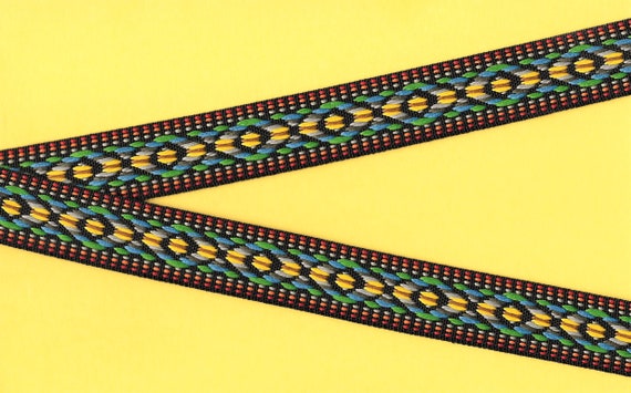 NATIVE AMERICAN F-30-A Jacquard Ribbon Poly Trim, 1" Wide (25mm) REVERSIBLE Black w/Yellow, Blue, Green Red/Orange/Gray Accents, Per Yard