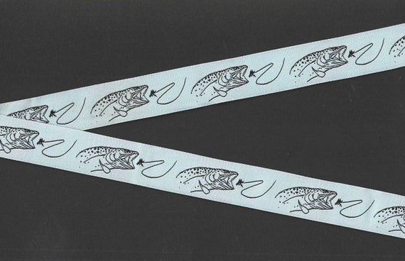 ANIMALS/Water E-32-A Jacquard Ribbon Poly Trim 7/8" wide (22mm) Pale Aqua Background w/Trout & Fly Fishing Line