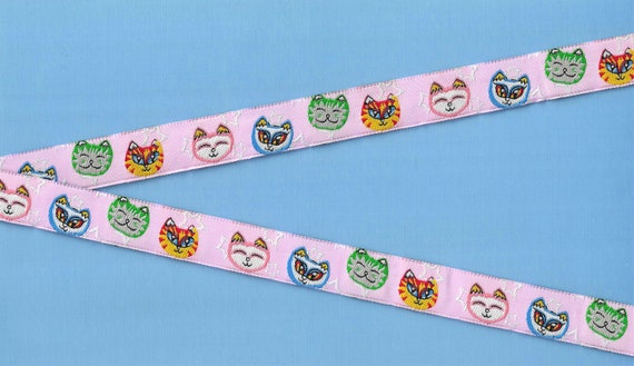 ANIMALS/Cats C-03-A Jacquard Ribbon Poly Trim 5/8" Wide (16mm) Pink with Smiling Cat Faces in Bright Colors