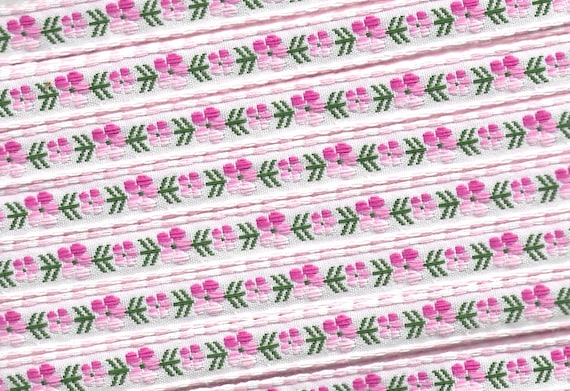 FLORAL B-27-D Jacquard Ribbon Cotton Trim 1/2" wide (13mm) White Background Check Border w/Variegated Pink Pansies, Green Accents