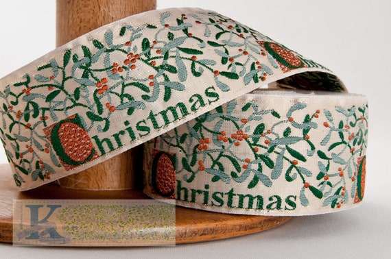 KAFKA H-04/C-07 Jacquard Ribbon Woven Organic Cotton Trim 1-1/2" wide (38mm) Beige Metallic w/Green Mistletoe & Rust Berries