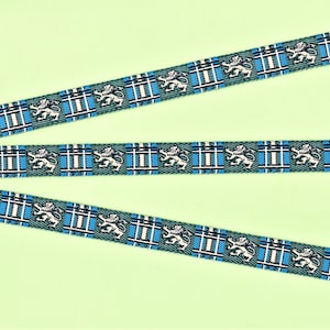 ANIMALS/Wildlife B-DP-01b Jacquard Ribbon Poly Trim 1/2" wide (13mm) Douglas Paquette "Aristocrat" Blue Tartan w/Lion Rampart Design