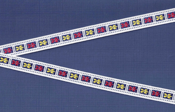 FLORAL C-32-C Jacquard Ribbon Poly Trim 5/8" wide (16mm) White and Navy Blocks w/Red & Yellow Flowers