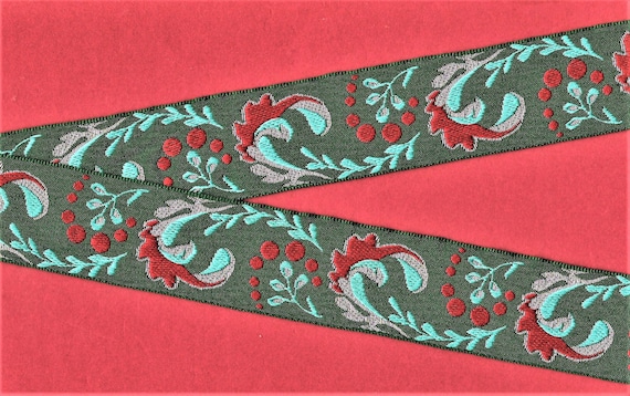 METALLIC H-01-C Jacquard Ribbon Poly Trim, 1-1/2" Wide (38mm) Green w/Burgundy & Mint Swirl Leaf Design, Metallic Gold Accents