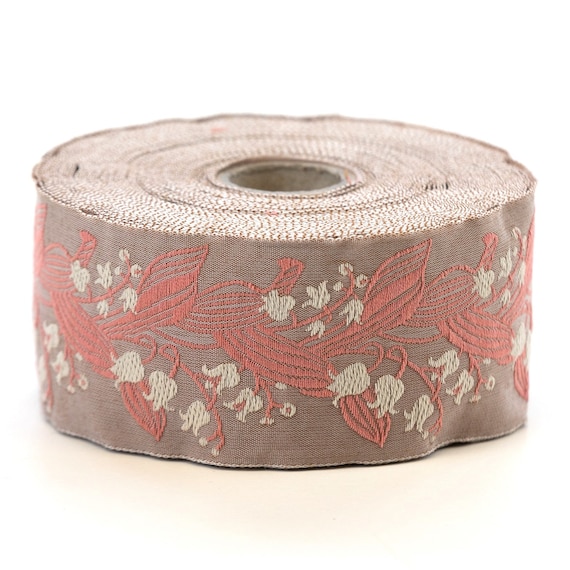 KAFKA H-02/31 Jacquard Ribbon Woven Organic Cotton Trim 1-1/2" wide (38mm) Beige w/Cream Lilies of the Valley, Apricot Leaves