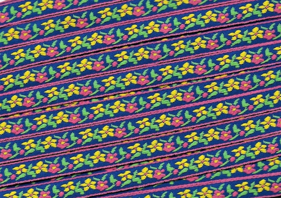 FLORAL A-30-D Jacquard Ribbon Polyester Trim 3/8" wide (9mm) Blue Background w/Pink Borders, Yellow/Pink Flowers, Green Leaves