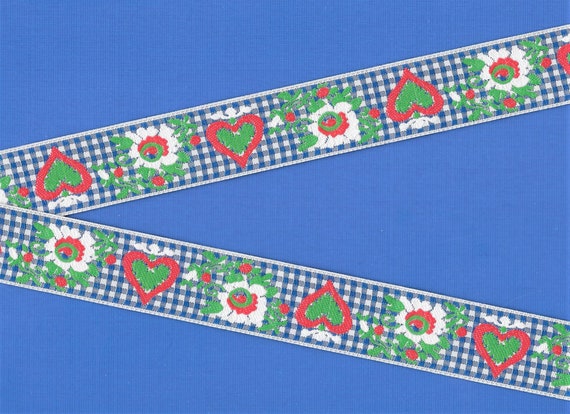 HEARTS/FLOWERS F-01-A Jacquard Ribbon Polyester Trim 1" wide (25mm) Blue & White Check w/Red Hearts, White Flowers, Green Leaves