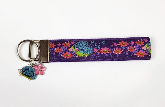 HEDGEHOGS (Purple) Jacquard Ribbon/Nylon Web 1" wide (25mm) 5.5" long Key Fob w/Charms