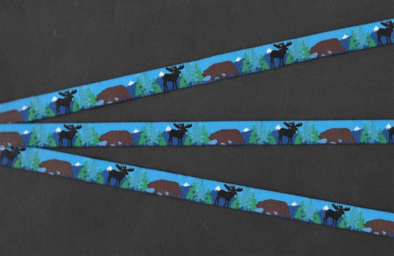 ANIMALS/Wildlife RDS B-19-A Jacquard Ribbon Poly Trim 1/2" Wide (13mm) Brown Bears, Black Moose, Mountains & Trees