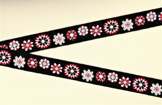 FLORAL E-01-E Jacquard Ribbon Polyester Trim 7/8" wide (22mm) Black Background w/Red/Beige/White & Black MOD Retro Flowers, Per Yard